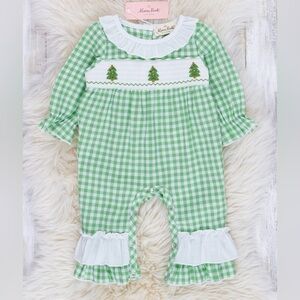 Green Gingham Baby Romper with Christmas Tree Smock